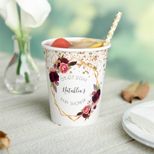 Baby Shower white gold burgundy florals glitter Paper Cups