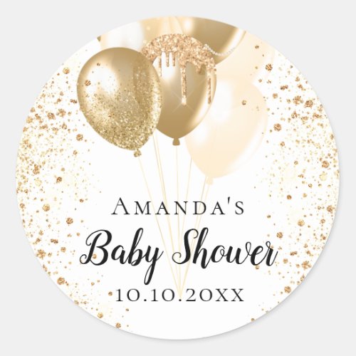 Baby Shower white gold glitter balloons name Classic Round Sticker