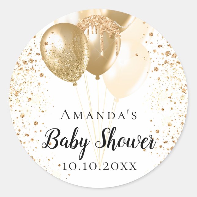 Baby Shower white gold glitter balloons name Classic Round Sticker (Front)