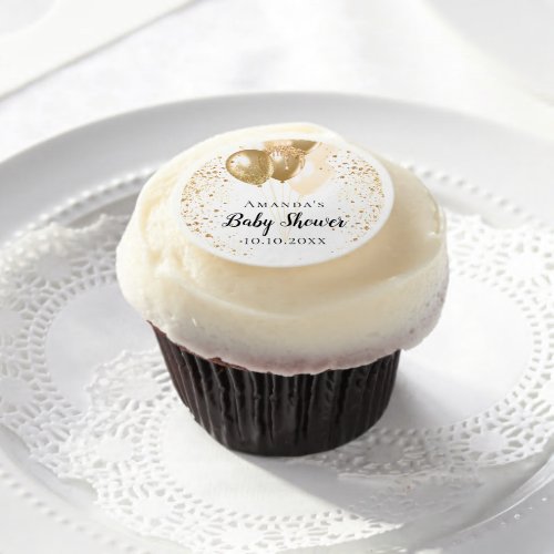 Baby Shower white gold glitter balloons name Edible Frosting Rounds