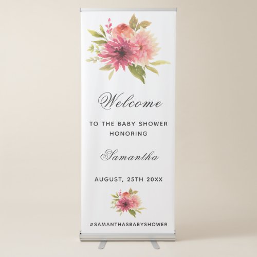 Baby shower white pink florals welcome retractable banner