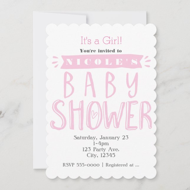 BABY SHOWER White & Pink Its a Girl Invitations (Front)