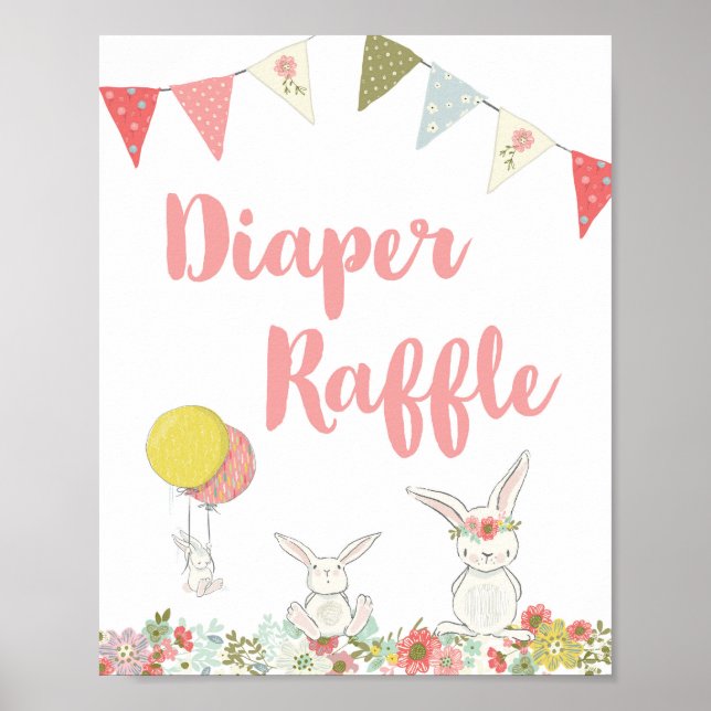 Baby Shower White Rabbit Diaper Raffle Sign (Front)
