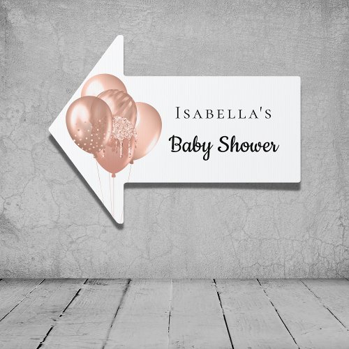 Baby Shower white rose gold balloons name arrow Sign