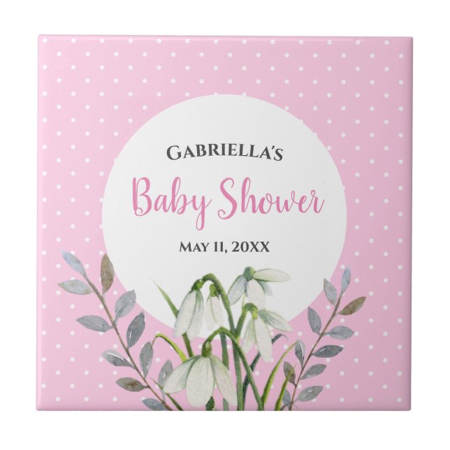 Baby Shower White Snow Drops Pink Polka Dots Ceramic Tile (Front)