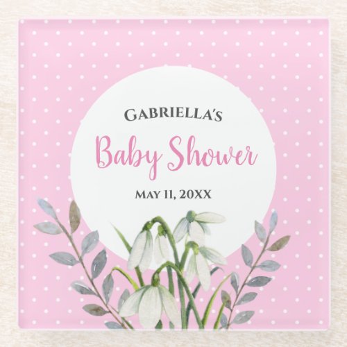 Baby Shower White Snow Drops Pink Polka Dots Glass Coaster