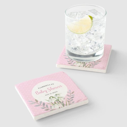Baby Shower White Snow Drops Pink Polka Dots Stone Coaster