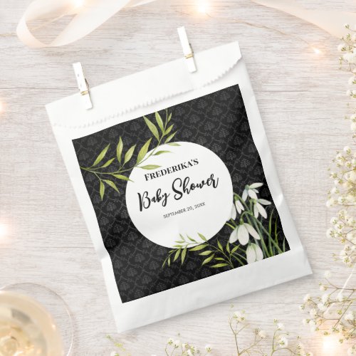 Baby Shower White Snowdrops and Laurel Damask Favor Bag