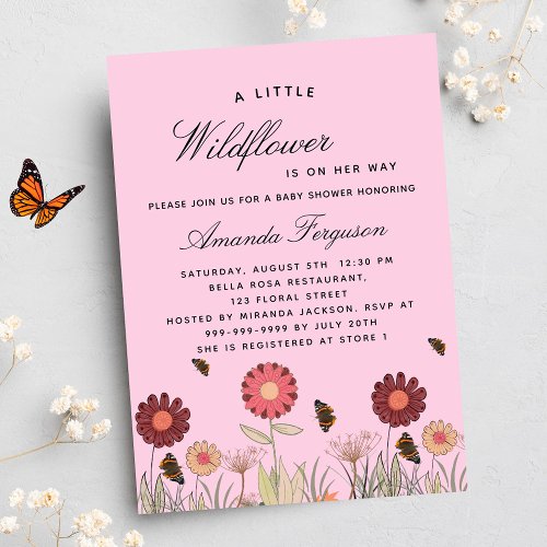 Baby Shower wildflowers butterfly pink luxury Invitation