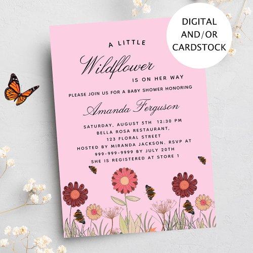 Baby Shower wildflowers butterfly pink retro Invitation