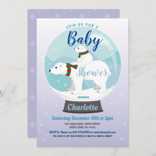 Baby Shower Winter Polar Bears Snow Globe Blue Invitation