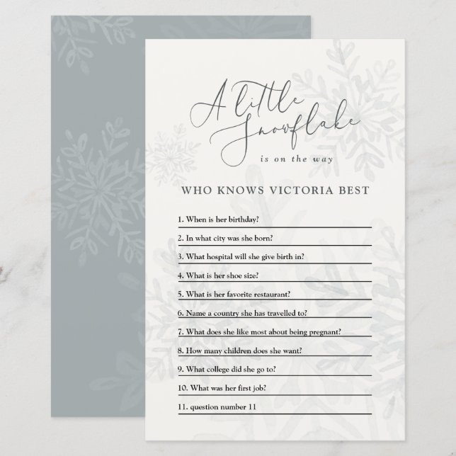 Baby shower winter snowflake quiz gender neutral (Front/Back)