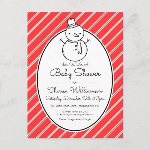 BABY SHOWER  Winter Snowman Candy Cane Postcard