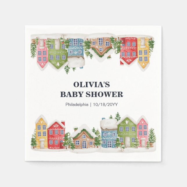 Baby Shower Winter snowy village Napkins (Front)