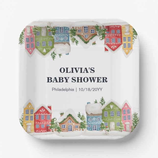 Baby Shower Winter snowy village Paper Plates (Front)