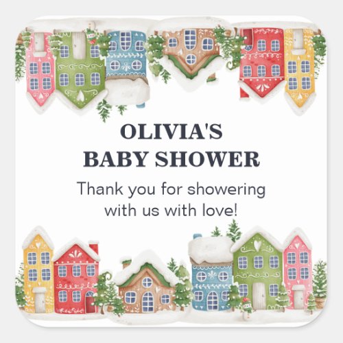 Baby Shower Winter snowy village Square Sticker