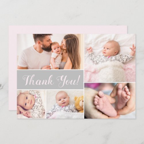 Baby shower with baby Photo Collage Pink Grey  Thank You Card