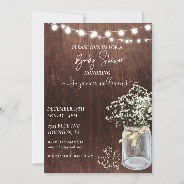 Baby Shower Wood Rustic Baby's Breath Invitation (Front)