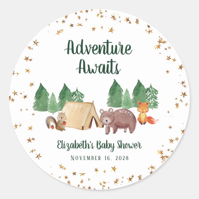 Baby Shower Woodland Animals Camping Classic Round Sticker (Front)