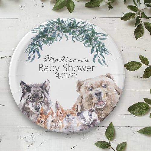 Baby Shower Woodland Animals Watercolor Foliage Paper Plates