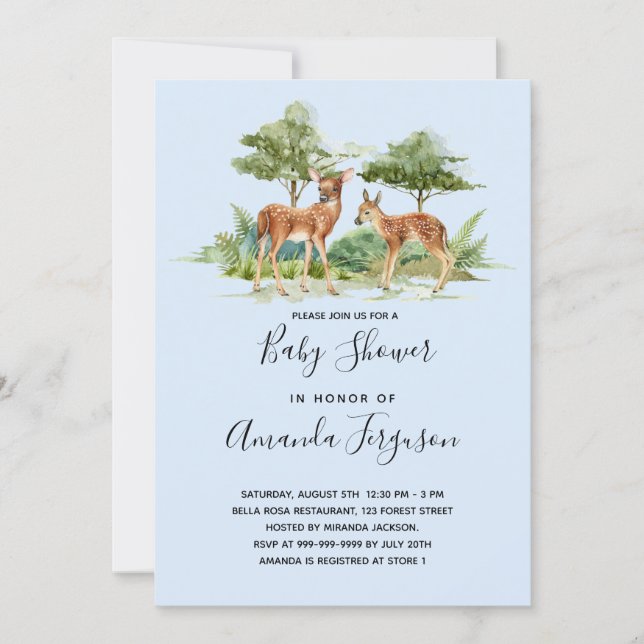 Baby shower woodland forest animals deer blue invitation (Front)