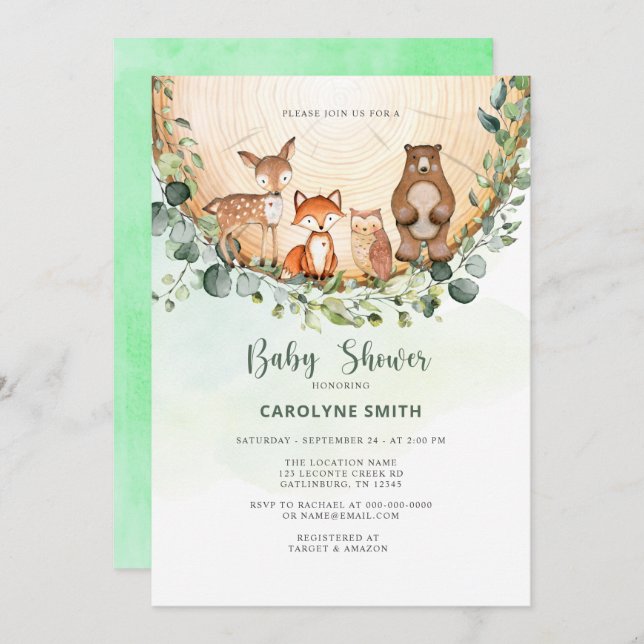 Baby Shower Woodland Forest Greenery Wild Animals Invitation (Front/Back)