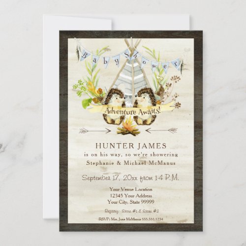 Baby Shower Woodland Forest Teepee Hedgehog Wood Invitation