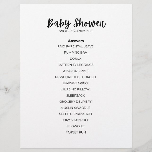 Baby Shower Word Scramble Answer Sheet (Front)