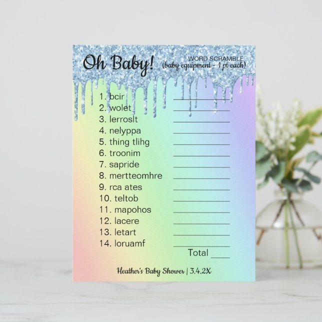 Baby Shower Word Scramble Game Glitter Ombre (Standing Front)