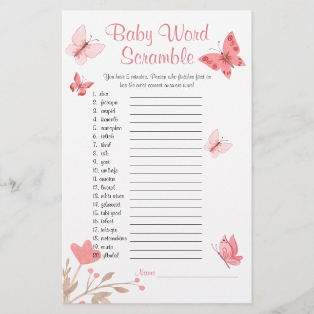 Baby Shower Word Scramble Game  Pink Butterflies Flyer (Front)