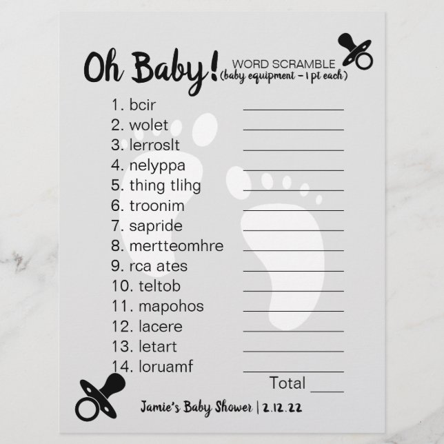 Baby Shower Word Scramble Grey (Front)