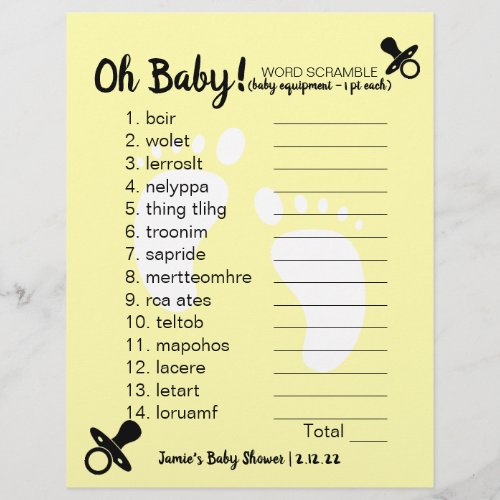 Baby Shower Word Scramble Yellow