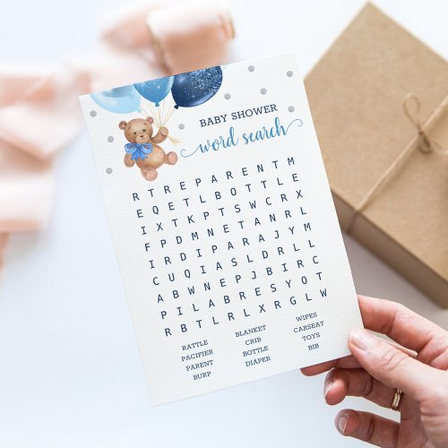 Baby Shower Word Search Game Teddy Bear Blue Card