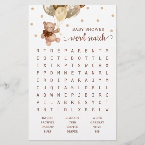 Baby Shower Word Search Game Teddy Bear Brown
