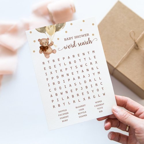 Baby Shower Word Search Game Teddy Bear Brown Card