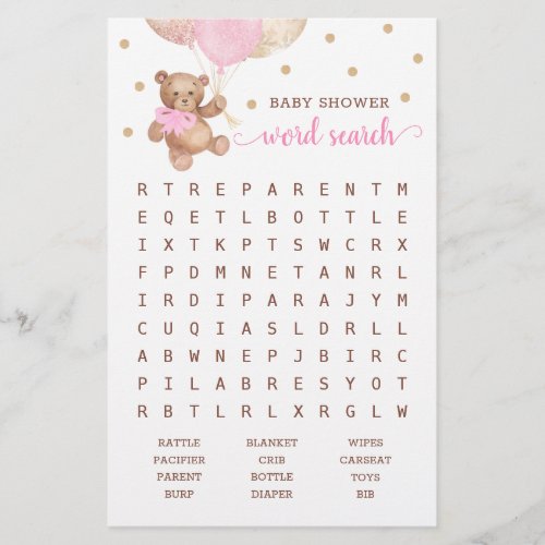 Baby Shower Word Search Game Teddy Bear Pink