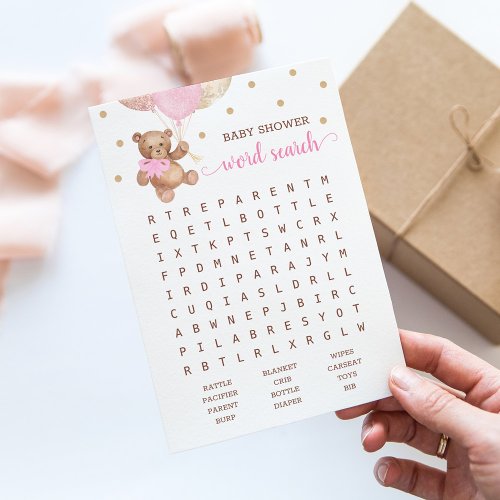 Baby Shower Word Search Game Teddy Bear Pink Card
