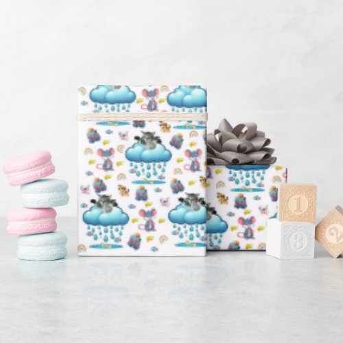 Baby Shower Wrapping Paper Dog Cat Mice Rainbow