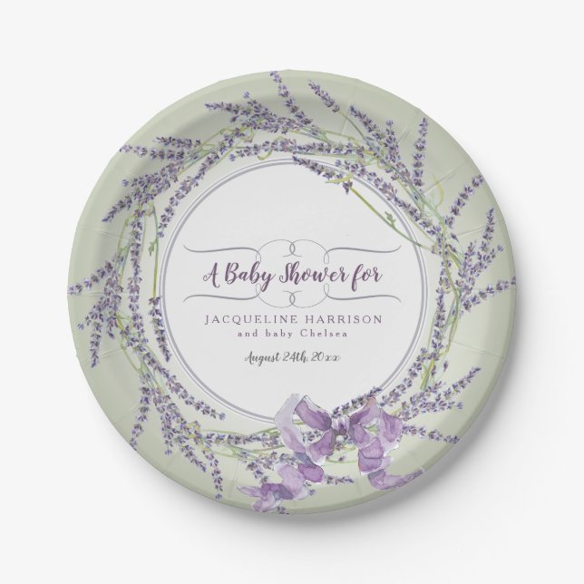 Baby Shower Wreath Lavender Floral Watercolor Paper Plates (Front)
