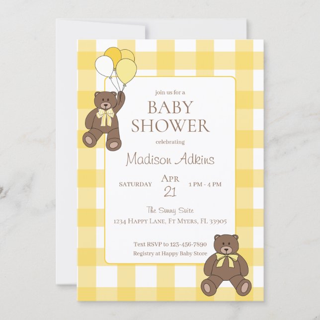 Baby Shower Yellow and White Plaid Teddy Bears Invitation (Front)