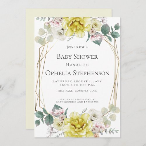 BABY SHOWER  Yellow Blush Watercolor Flowers Invitation