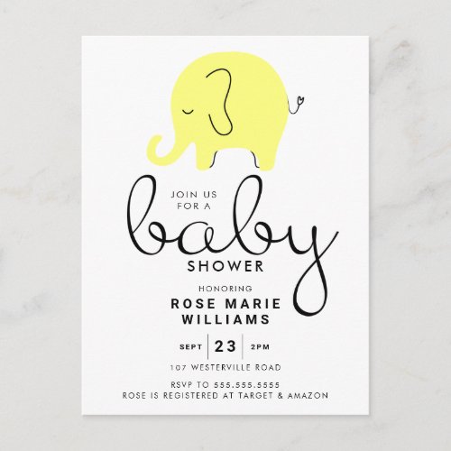 BABY SHOWER  Yellow Elephant Doodle Postcard