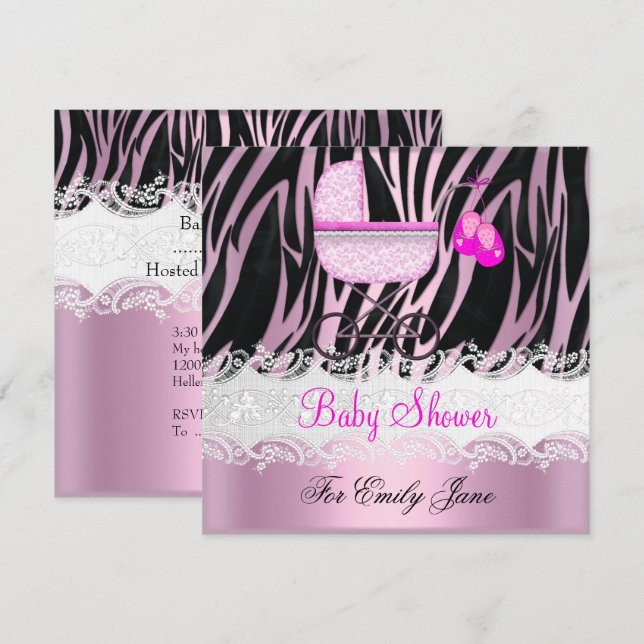 Baby Shower Zebra Pink White Baby Girl Invitation (Front/Back)