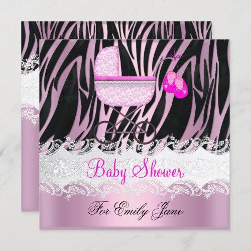 Baby Shower Zebra Pink White Baby Girl Invitation