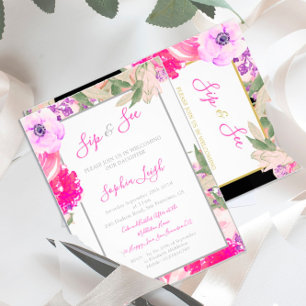 Baby Sip and See Floral Roses Gold Pink Invitation
