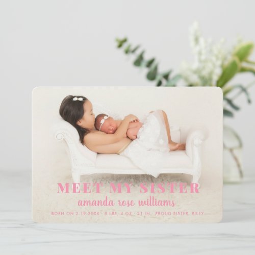 Baby Sister Birth Announcement Card_Pink