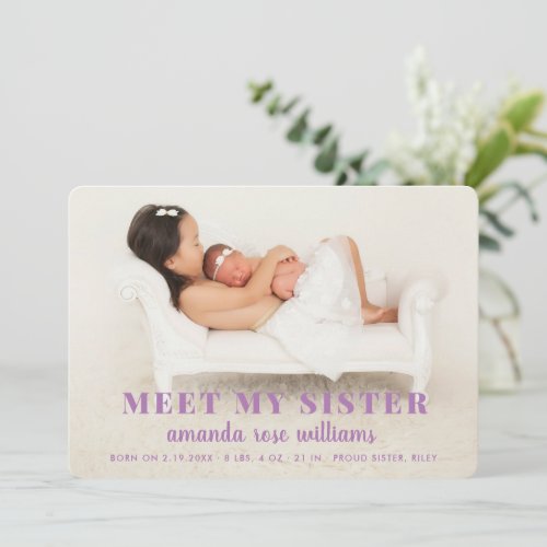 Baby Sister Birth Announcement Card_Purple