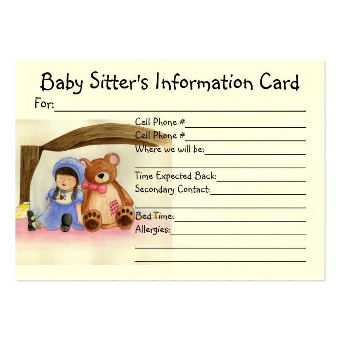Baby Sitter's Information Card Business Card Templates