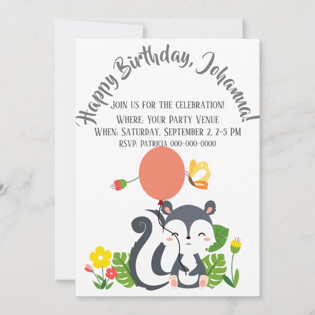 Baby Skunk, Butterfly & Flowers Birthday Invitation (Front)