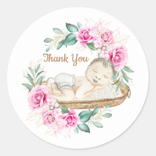 Baby sleeping wicker basket pink rose floral  classic round sticker